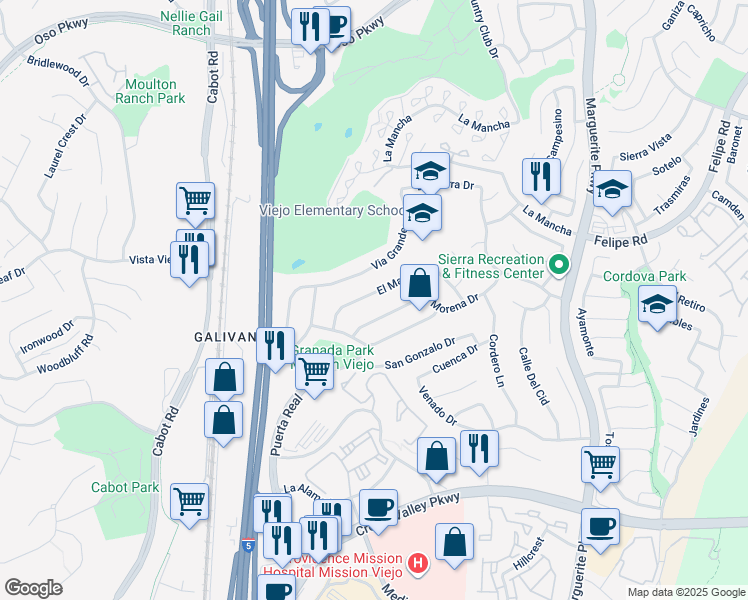 map of restaurants, bars, coffee shops, grocery stores, and more near 26516 El Mar Drive in Mission Viejo