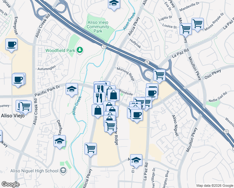 map of restaurants, bars, coffee shops, grocery stores, and more near 33 Bridle Lane in Aliso Viejo