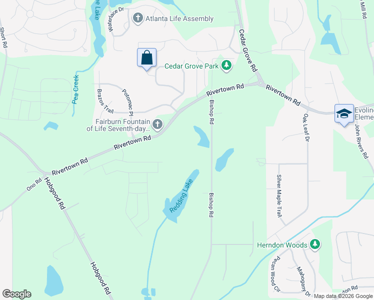 map of restaurants, bars, coffee shops, grocery stores, and more near 7580 RiverTown Road in Fairburn