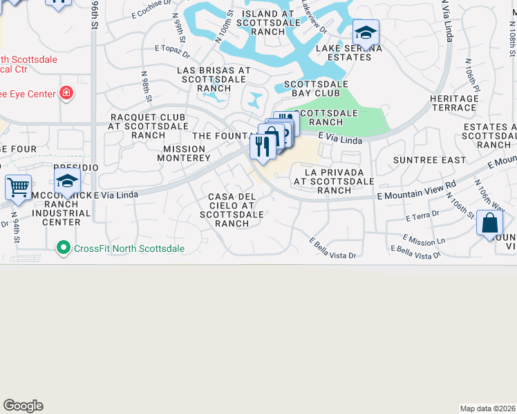 map of restaurants, bars, coffee shops, grocery stores, and more near 9215 North 101st Street in Scottsdale