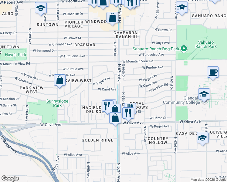 map of restaurants, bars, coffee shops, grocery stores, and more near 9438 North 66th Drive in Glendale