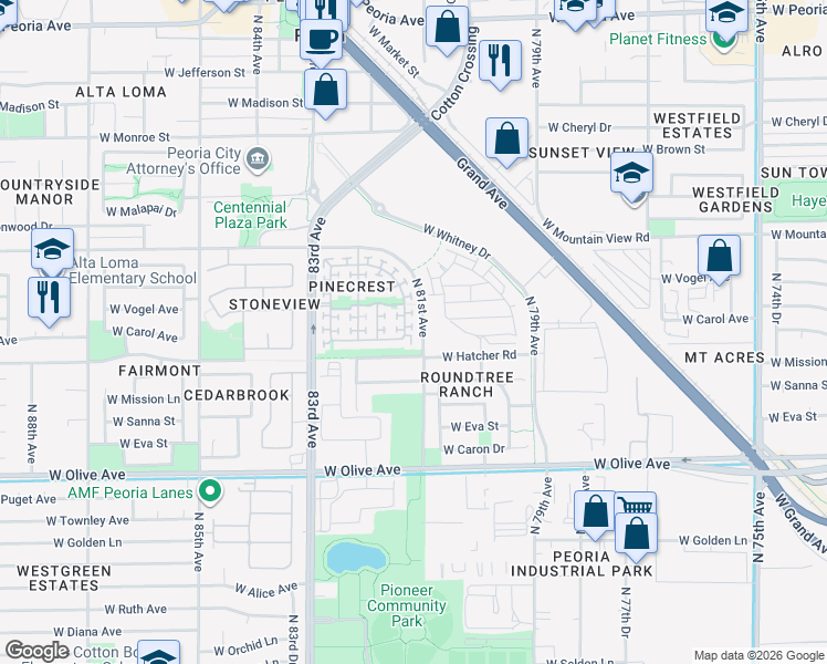 map of restaurants, bars, coffee shops, grocery stores, and more near 9575 North 81st Drive in Peoria