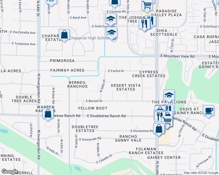 map of restaurants, bars, coffee shops, grocery stores, and more near 6867 East Bar Z Lane in Paradise Valley