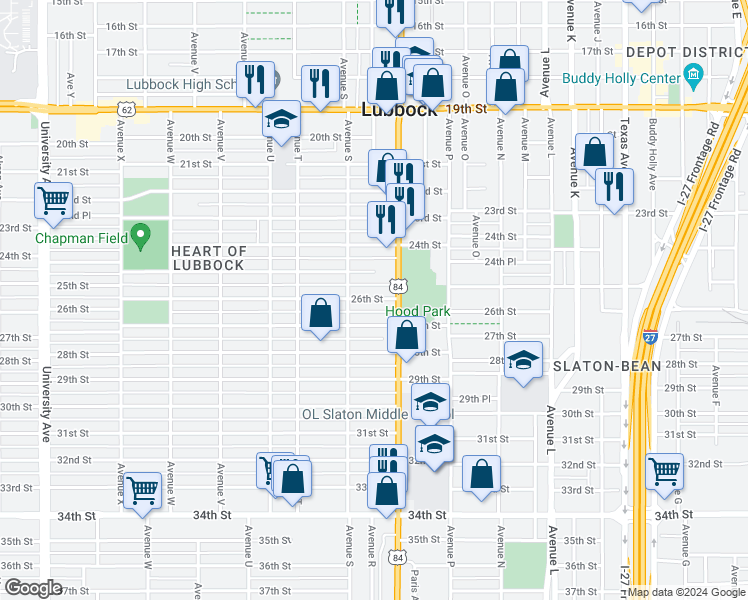 map of restaurants, bars, coffee shops, grocery stores, and more near in Lubbock