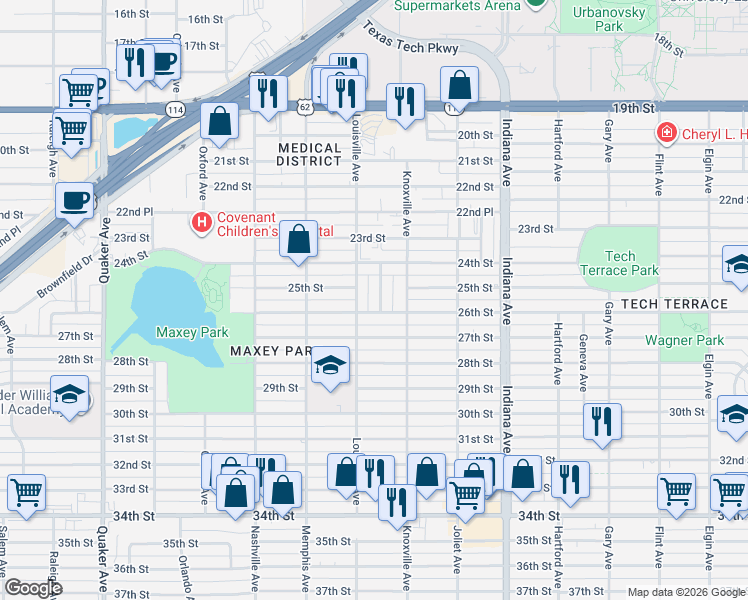 map of restaurants, bars, coffee shops, grocery stores, and more near 2504 Kenosha Avenue in Lubbock