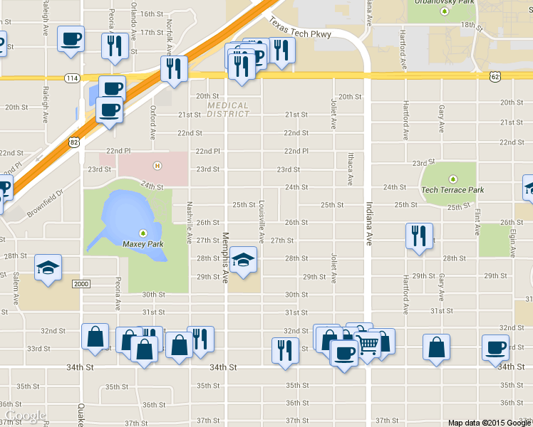 map of restaurants, bars, coffee shops, grocery stores, and more near 2504 Kenosha Avenue in Lubbock