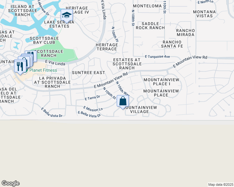 map of restaurants, bars, coffee shops, grocery stores, and more near 10634 East Terra Drive in Scottsdale