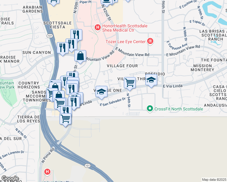 map of restaurants, bars, coffee shops, grocery stores, and more near 9345 North 92nd Street in Scottsdale