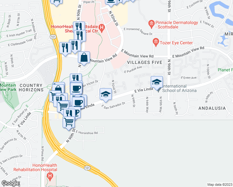 map of restaurants, bars, coffee shops, grocery stores, and more near 9345 North 92nd Street in Scottsdale