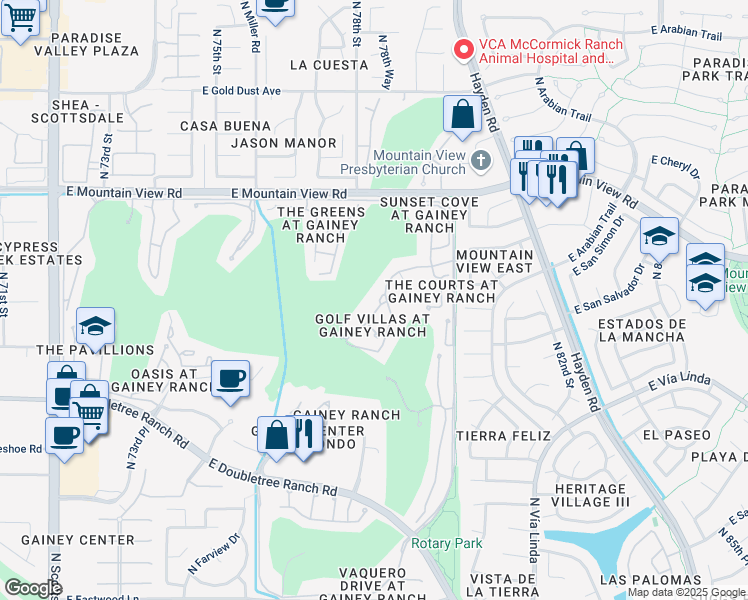 map of restaurants, bars, coffee shops, grocery stores, and more near 7740 East Gainey Ranch Road in Scottsdale