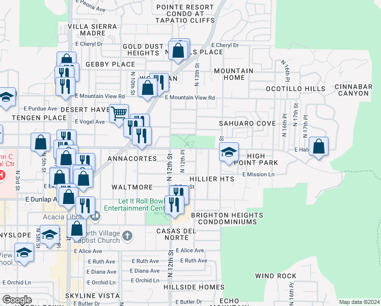 map of restaurants, bars, coffee shops, grocery stores, and more near 1244 East Hatcher Road in Phoenix