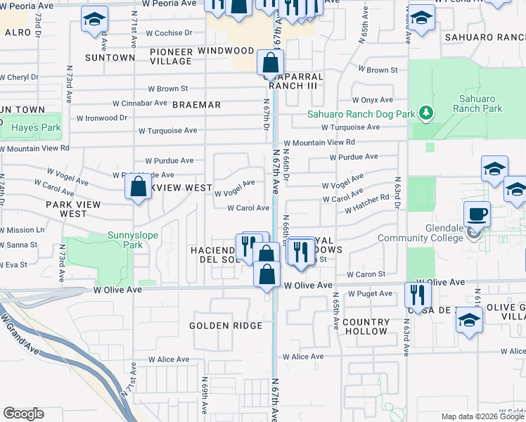 map of restaurants, bars, coffee shops, grocery stores, and more near 9438 North 66th Drive in Glendale