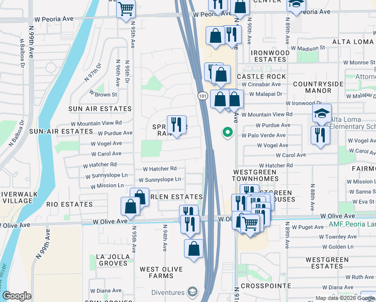 map of restaurants, bars, coffee shops, grocery stores, and more near 9236 West Carol Avenue in Peoria