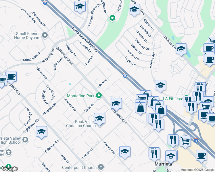 map of restaurants, bars, coffee shops, grocery stores, and more near 41370 Lilly Avenue in Murrieta