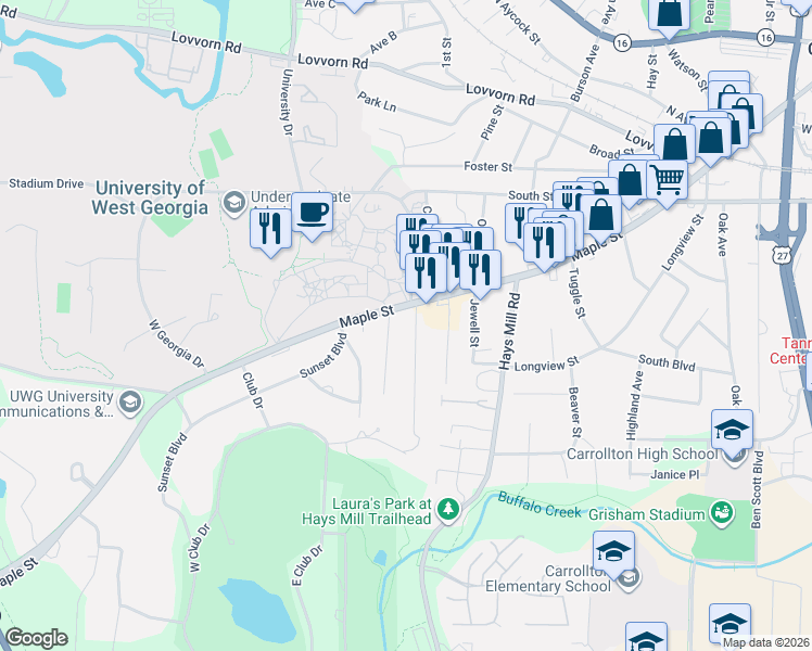 map of restaurants, bars, coffee shops, grocery stores, and more near 1304 Maple Street in Carrollton