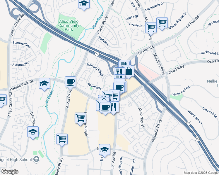 map of restaurants, bars, coffee shops, grocery stores, and more near 3 Abbey Lane in Aliso Viejo