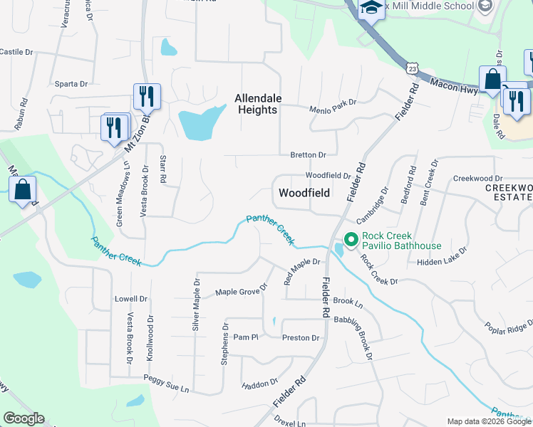 map of restaurants, bars, coffee shops, grocery stores, and more near 2867 Woodfield Drive in Rex