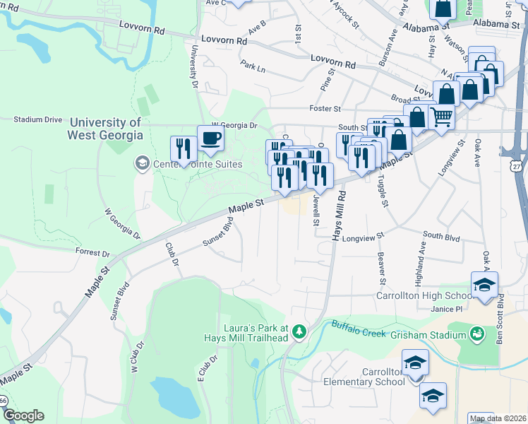 map of restaurants, bars, coffee shops, grocery stores, and more near 116 Howell Road in Carrollton