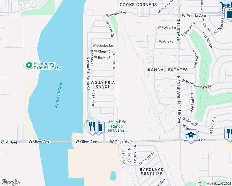 map of restaurants, bars, coffee shops, grocery stores, and more near 11544 West Vogel Avenue in Youngtown