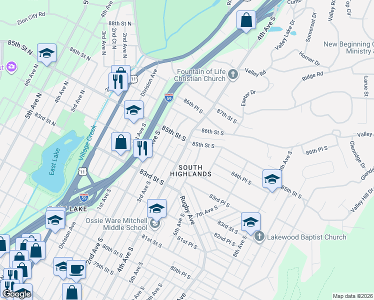 map of restaurants, bars, coffee shops, grocery stores, and more near 8433 4th Avenue South in Birmingham