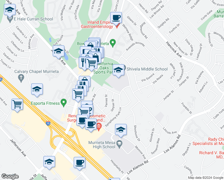map of restaurants, bars, coffee shops, grocery stores, and more near 40565 Sunflower Road in Murrieta