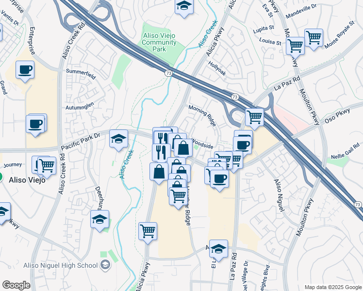 map of restaurants, bars, coffee shops, grocery stores, and more near 46 Cambria Lane in Aliso Viejo