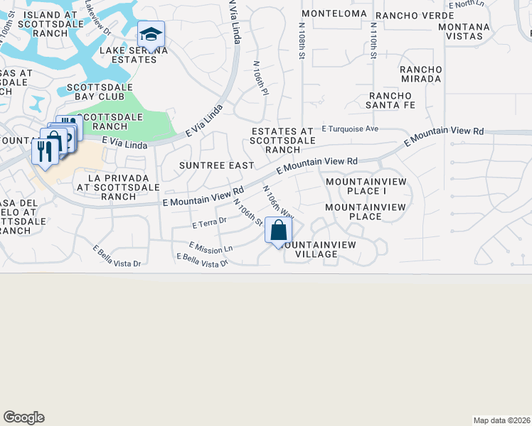map of restaurants, bars, coffee shops, grocery stores, and more near 10634 East Terra Drive in Scottsdale