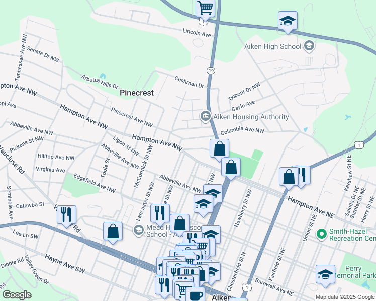 map of restaurants, bars, coffee shops, grocery stores, and more near 602 Hampton Avenue Northwest in Aiken
