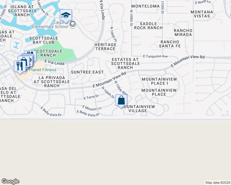 map of restaurants, bars, coffee shops, grocery stores, and more near 10633 East Terra Drive in Scottsdale