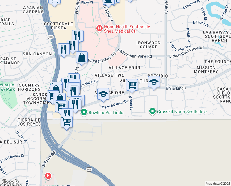 map of restaurants, bars, coffee shops, grocery stores, and more near 9345 North 92nd Street in Scottsdale