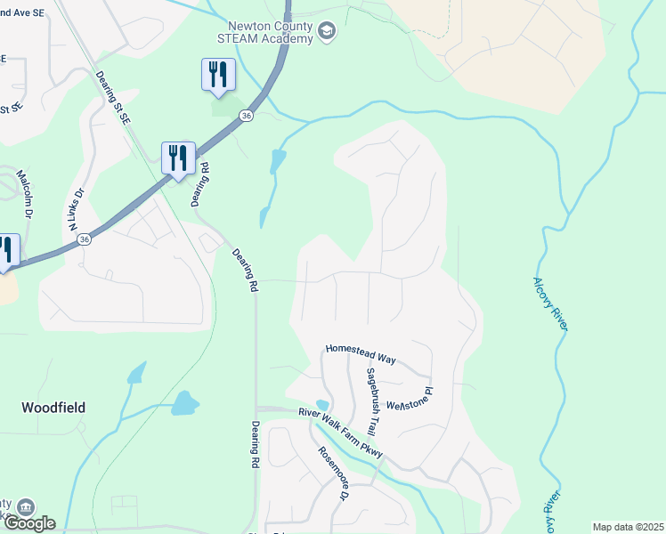 map of restaurants, bars, coffee shops, grocery stores, and more near 115 Dearing Woods Way in Covington