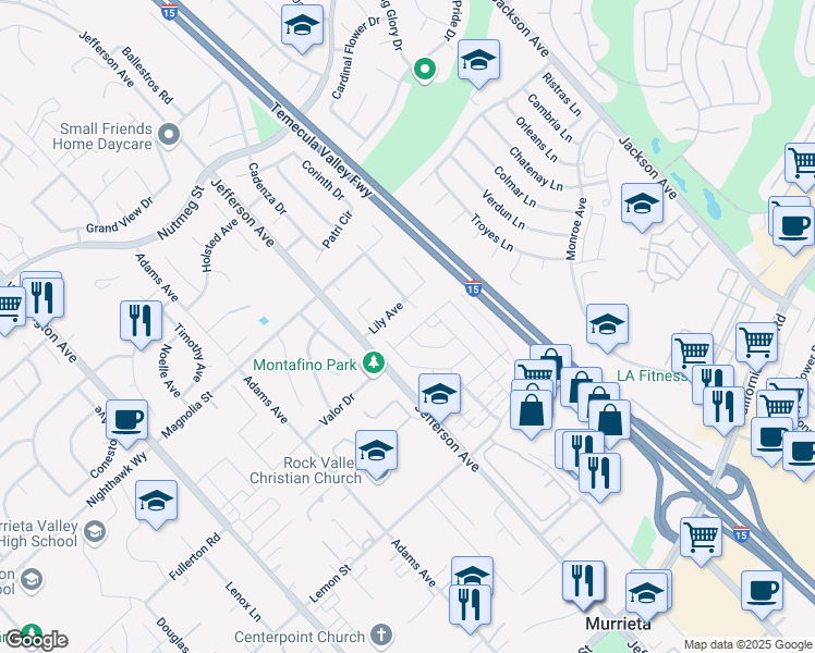map of restaurants, bars, coffee shops, grocery stores, and more near 41370 Lilly Avenue in Murrieta