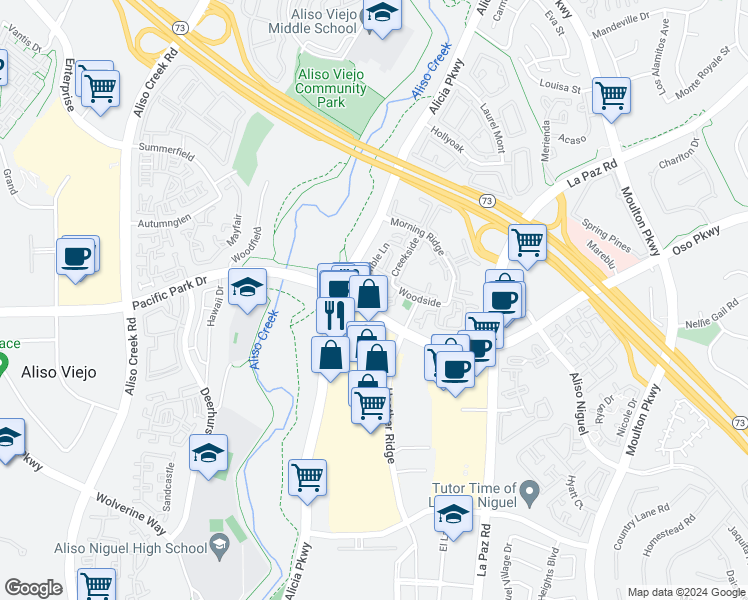 map of restaurants, bars, coffee shops, grocery stores, and more near 46 Cambria Lane in Aliso Viejo
