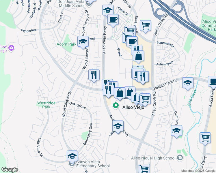 map of restaurants, bars, coffee shops, grocery stores, and more near 26970 Laguna Hills Drive in Aliso Viejo