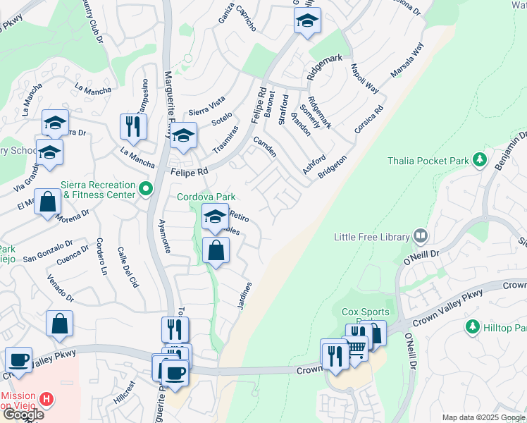 map of restaurants, bars, coffee shops, grocery stores, and more near 27406 Daffodil Place in Mission Viejo