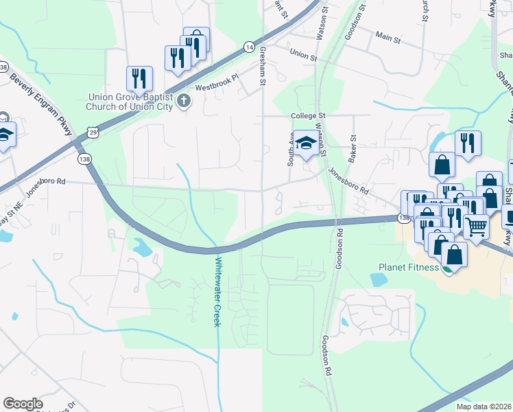 map of restaurants, bars, coffee shops, grocery stores, and more near 5110 Jonesboro Road in Union City