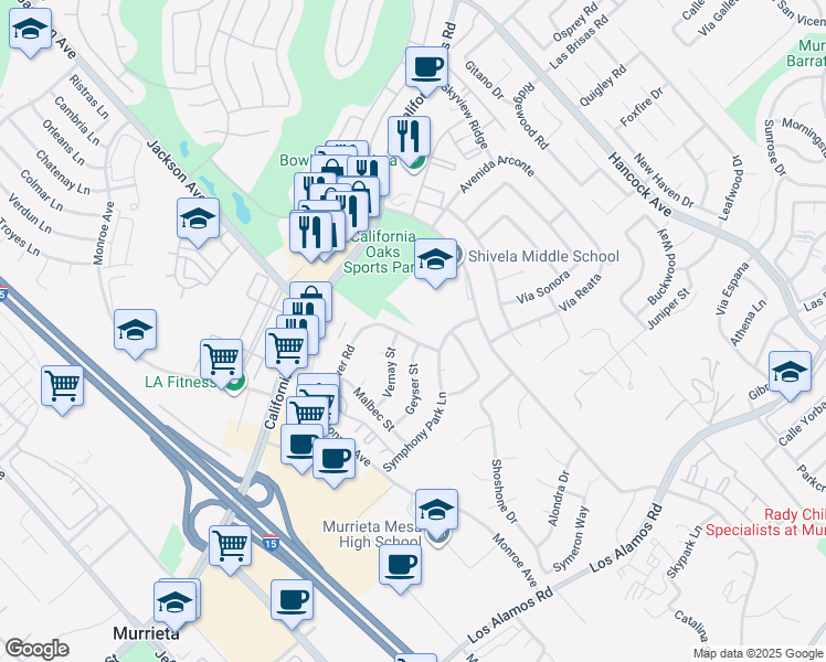 map of restaurants, bars, coffee shops, grocery stores, and more near 40565 Sunflower Road in Murrieta
