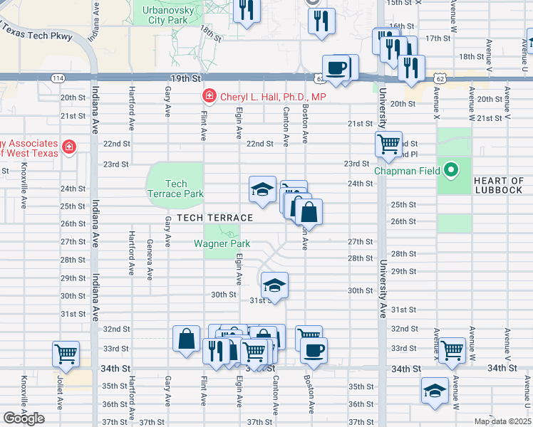map of restaurants, bars, coffee shops, grocery stores, and more near 2807 25th Street in Lubbock