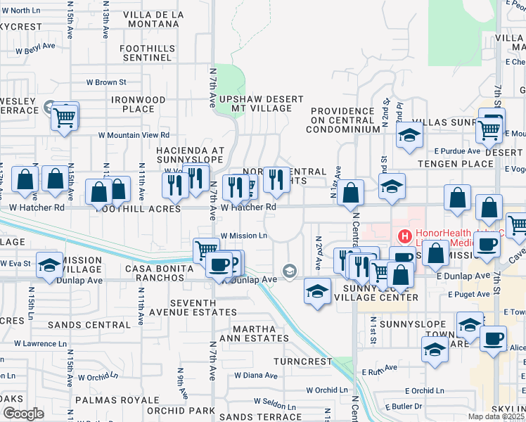 map of restaurants, bars, coffee shops, grocery stores, and more near 402 West Hatcher Road in Phoenix