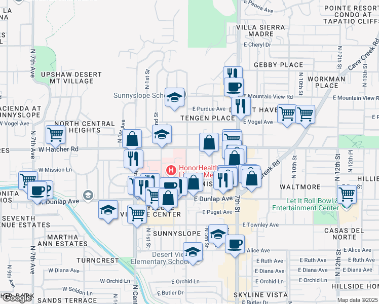 map of restaurants, bars, coffee shops, grocery stores, and more near 236 East Hatcher Road in Phoenix