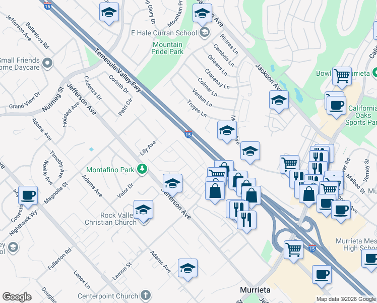 map of restaurants, bars, coffee shops, grocery stores, and more near 24290 Red Spruce Avenue in Murrieta