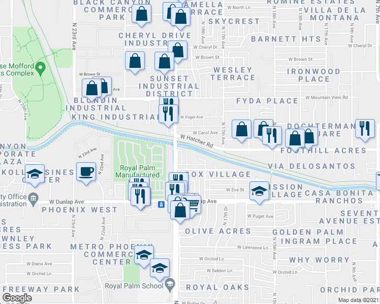 map of restaurants, bars, coffee shops, grocery stores, and more near 9253 North 18th Drive in Phoenix