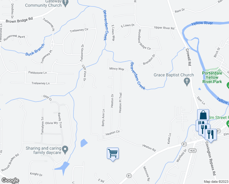 map of restaurants, bars, coffee shops, grocery stores, and more near 180 Heaton Drive in Covington