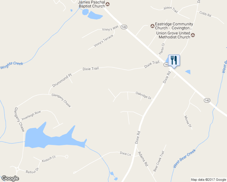 map of restaurants, bars, coffee shops, grocery stores, and more near 60 Water Oak Trail in Covington