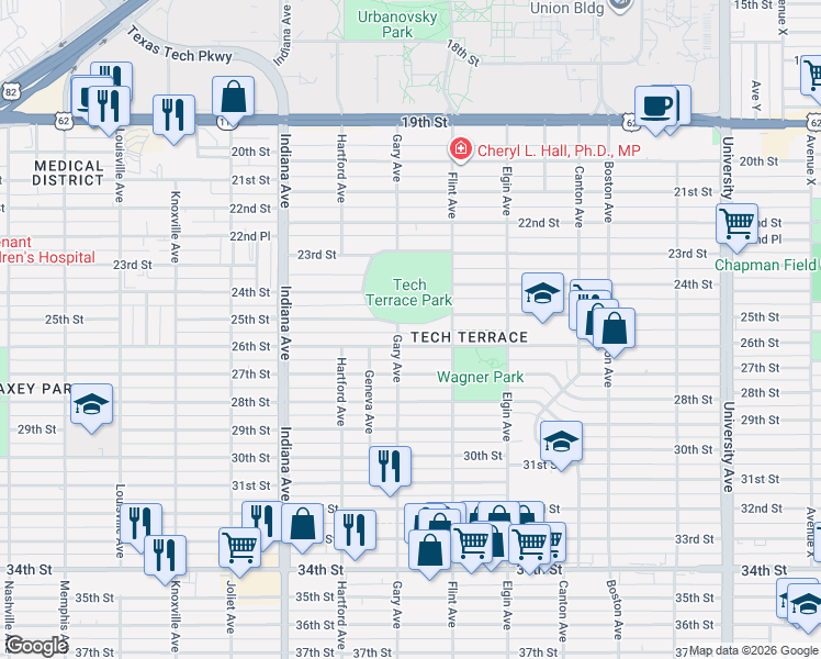 map of restaurants, bars, coffee shops, grocery stores, and more near 3100-3172 25th Street in Lubbock