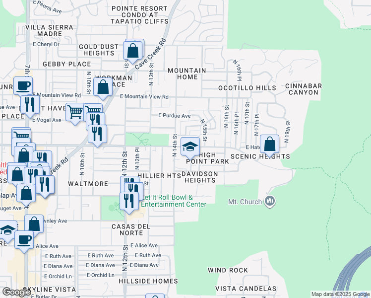 map of restaurants, bars, coffee shops, grocery stores, and more near 1422 East Hatcher Road in Phoenix