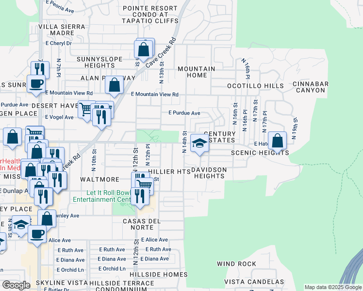 map of restaurants, bars, coffee shops, grocery stores, and more near 1344 East Hatcher Road in Phoenix