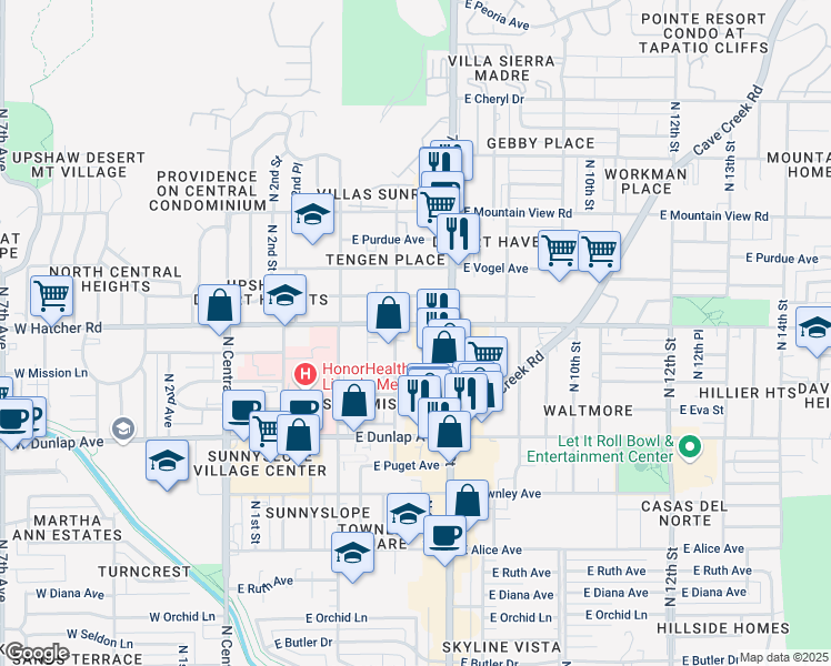 map of restaurants, bars, coffee shops, grocery stores, and more near 518 East Hatcher Road in Phoenix