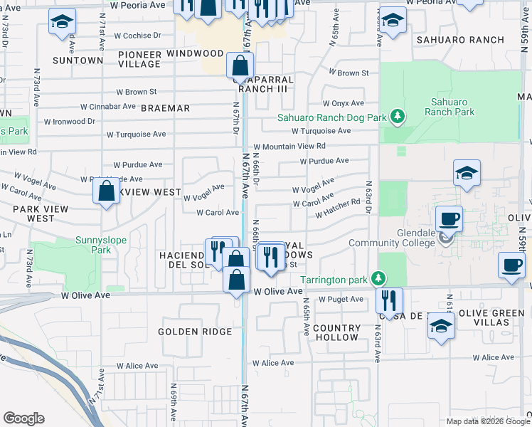map of restaurants, bars, coffee shops, grocery stores, and more near 6609 West Carol Avenue in Glendale