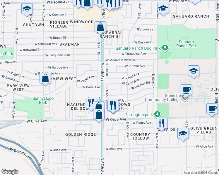 map of restaurants, bars, coffee shops, grocery stores, and more near 6609 West Carol Avenue in Glendale